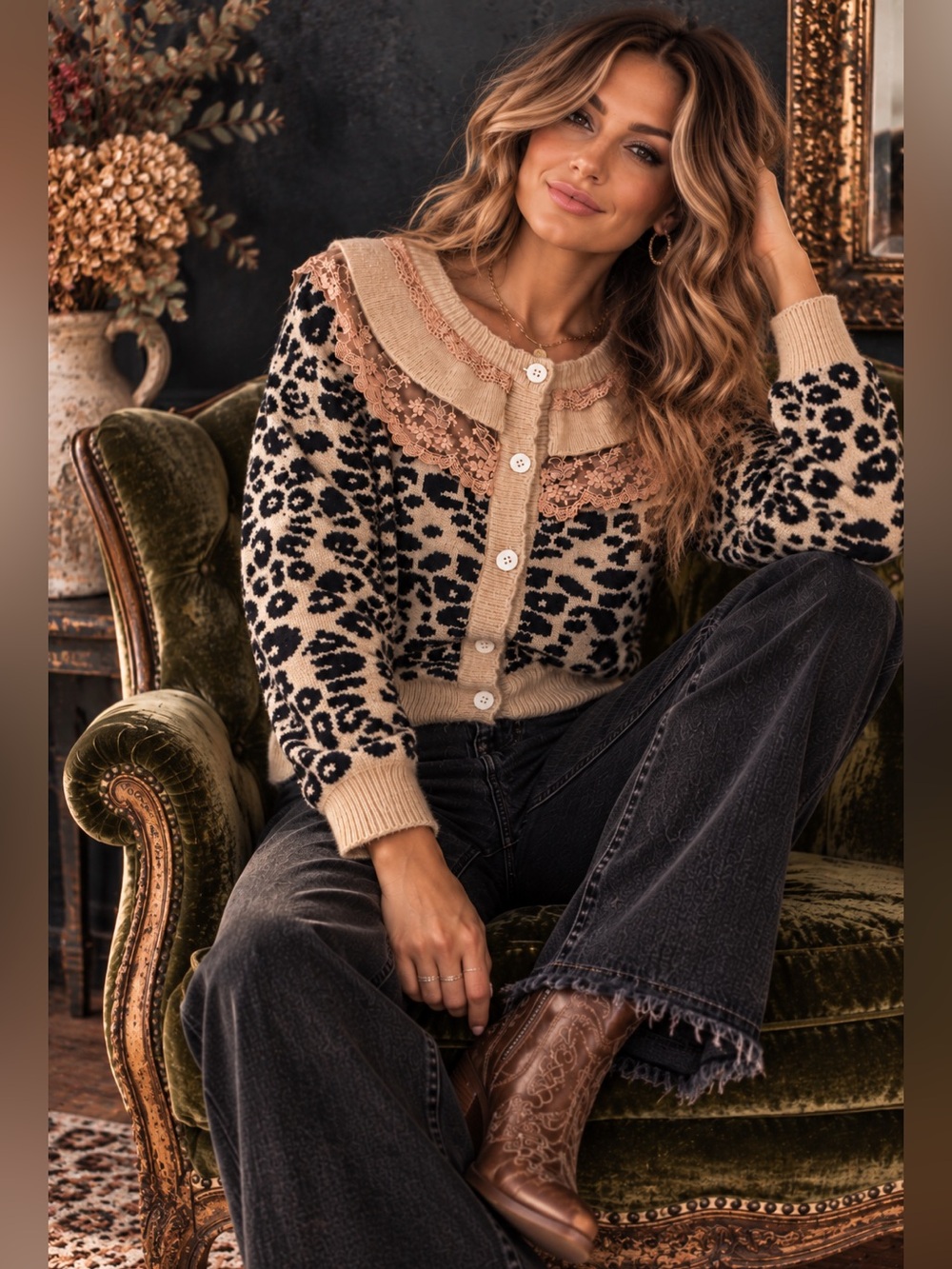 NWOT Leopard Lace Collar Cropped Cardigan Sweater Boho Romantic